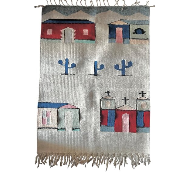 Handwoven Cotton Wool Southwestern-Style Wall Hanging Or Rug With Cactus & Villa - Picture 10 of 10